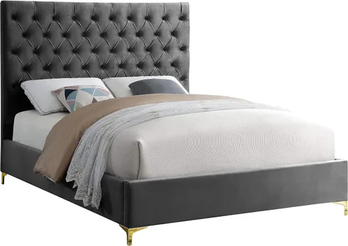 Vista 15 de Meridian Furniture Colección moderna Cruz Cama tapizada de terciopelo contemporánea con acolchonamiento de botones profundos y juegos completos
