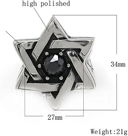 Vista 3 de Mens Cubic Zirconia Stainless Steel Ring, Vintage Star of David, Black Silver