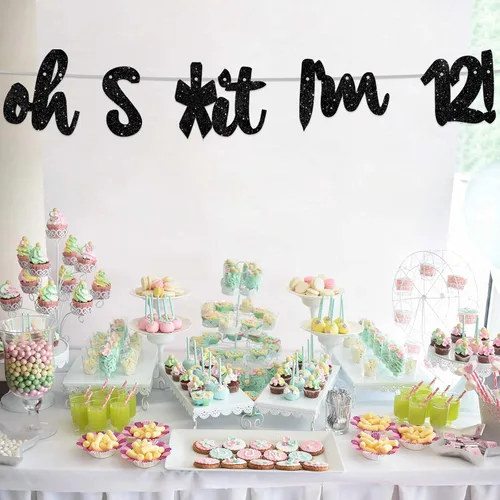 Vista 6 de Oh I'm 12! - Pancarta de fondo con purpurina negra de Hallo Doce Saludos a los 12 años de edad, decoración temática para niños y niñas, fiesta