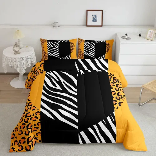 Vista 34 de Manfei Juego de edredón con estampado de leopardo, tamaño individual, juego de ropa de cama con estampado de guepardo marrón y negro, 2 piezas Negro