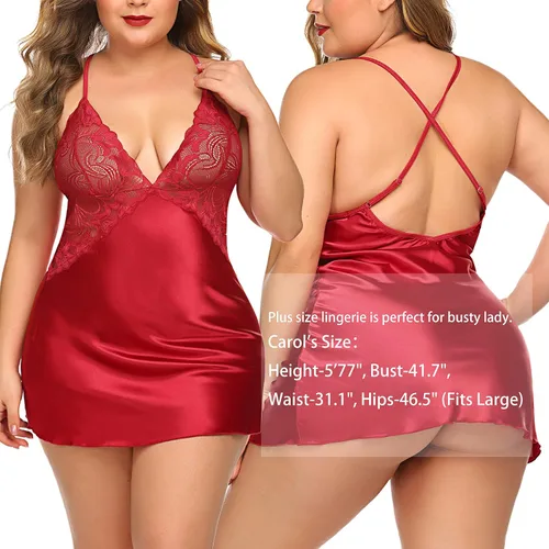 Vista 8 de Avidlove Lencería para mujer, cuello en V, camisón corto de satén con encaje para dormir