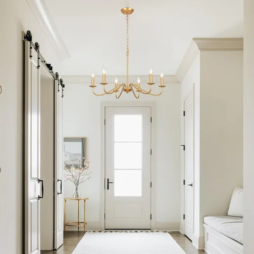 Vista 7 de Candelabro dorado de 6 luces, modernos candelabros de granja para comedor, iluminación colgante de vela rústica para dormitorio, vestíbulo, sala