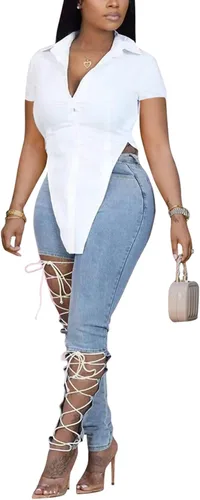 Vista 3 de LYANER Blusa de manga corta con cuello en V y botones en la parte delantera para mujer