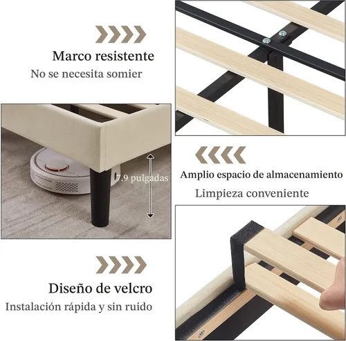 Vista 7 de VECELO Marco de Cama Tamaño Twin con Plataforma Tapizada de Terciopelo Premium con Cabecera Ajustable en Altura/Base de Colchón, Soporte de Listones