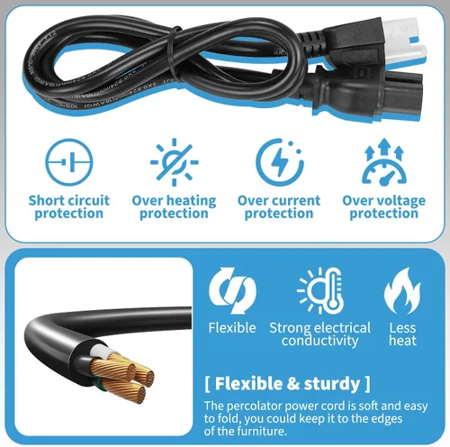 Vista 6 de HASMX Cable de alimentación percolador de 3 clavijas de 36 pulgadas para percolador Hamilton Beach modelo 40616, pieza de repuesto para cafetera
