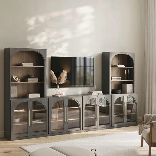 Vista 63 de BELLEZE Centro de entretenimiento modular de 4 piezas con almacenamiento, 2 vitrinas de madera moderna con gabinete arqueado y 2 armarios de puerta