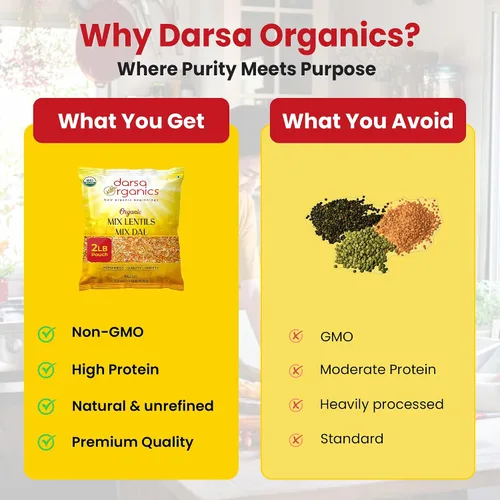 Vista 6 de Darsa Organics Lentejas mixtas (Panchratna Dal) 2 libras USDA Orgánico, sin OMG, Kosher Superalimento rico en proteínas y fibra Ideal