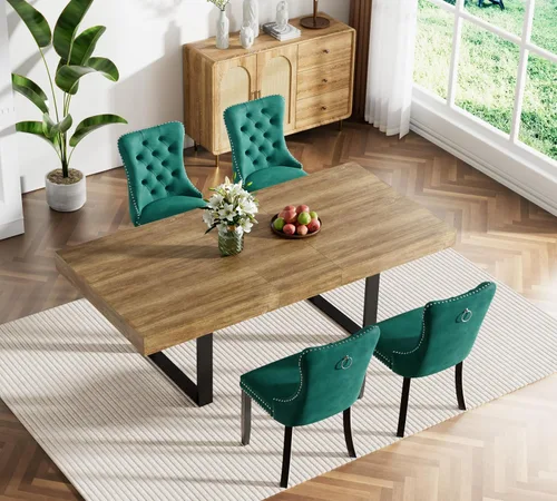 Vista 33 de Juego de mesa de comedor extensible marrón de 63 a 78.74 pulgadas para 4, juego de mesa de comedor de 5 piezas con 4 sillas tapizadas, mesa