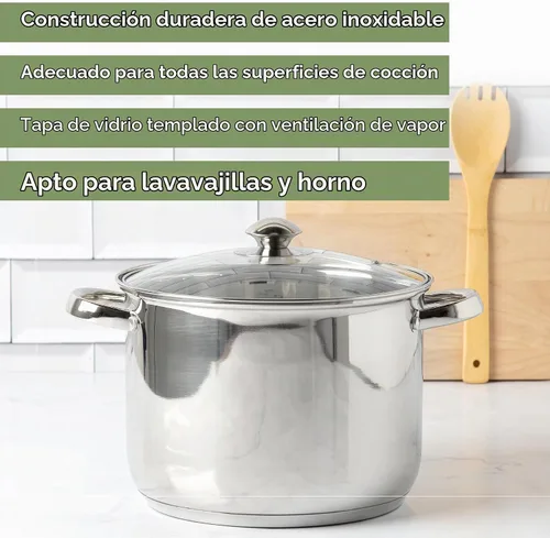 Vista 2 de Olla sopera de acero inoxidable Ecolution, olla de cocina lista para inducción con tapa de vidrio, apta para horno, olla de sopa apta