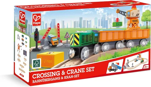 Vista 11 de Hape Juego de cruces y grúas Juego de carga ferroviaria de madera de 32 piezas para niños, multicolor