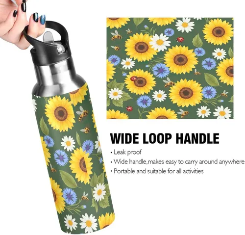 Vista 4 de BPA-Free Sports Water Bottle 32 Oz, Insulated Water Bottle for Gym Outdoor Travel School, Yellow Sunflowers