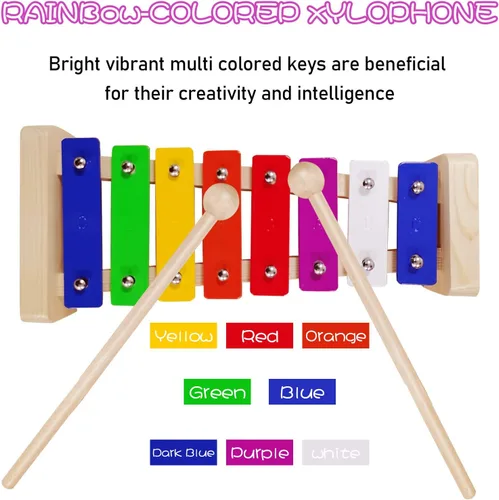 Vista 5 de Xilófono para niños, Glockenspiel con 2 mazos seguros para niños, 8 notas diatónicas, barras de metal coloridas con desarrollo educativo musical