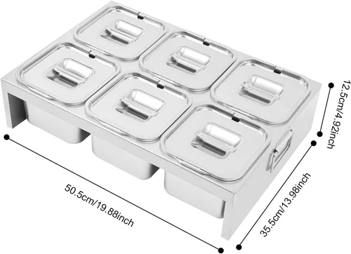 Vista 6 de Recipientes de condimentos de acero inoxidable, 6 estaciones de cobertura de pizza de 2.4 L, para preparar ingredientes y coberturas, recipientes