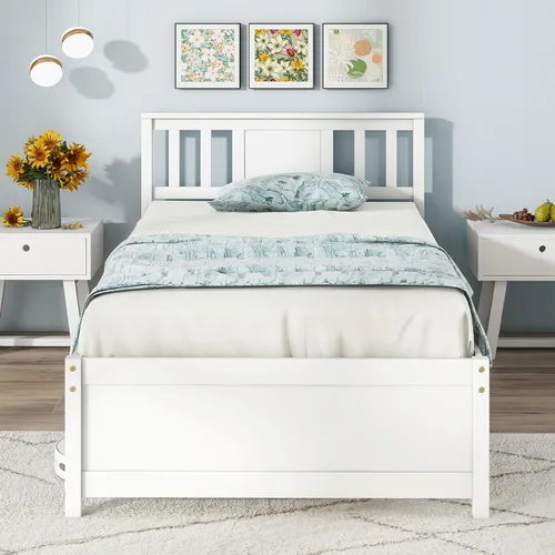 Vista 16 de Giantex Marco de cama individual con cabecero, cama de plataforma de madera maciza de mediados de siglo, cama de panel individual con soporte