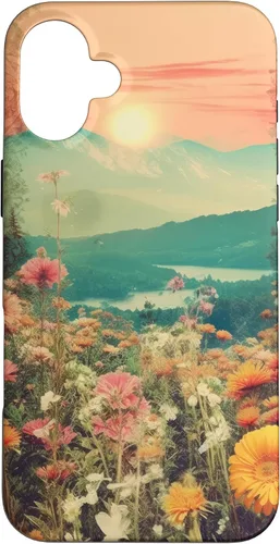 Vista 22 de iPhone 16 Boho Mountain Moon Phases Floral Aesthetic Chic Retro Sunset Case