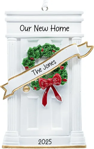 Vista 17 de Adorno de Navidad personalizado para el nuevo hogar 2026 Puerta negra con cinta de purpurina recuerdo único para el árbol de Navidad – Primer año