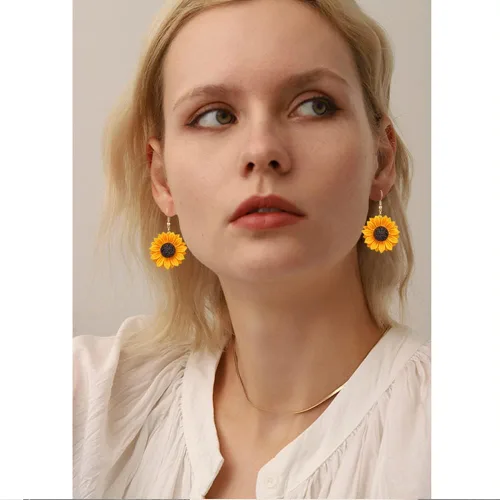 Vista 6 de ANXIN STORE - Colgante único de girasol 3D simple para mujeres y niñas, esmalte amarillo margarita girasol, aretes de personalidad, regalos