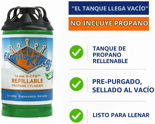 Vista 2 de Flame King Tanque cilíndrico de propano vacío recargable de 1 libra, reutilizable, opción de recarga segura y legal, cumple con DOT, 16.4 onzas