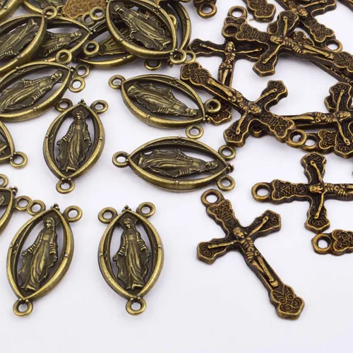 Vista 4 de 40 piezas de rosario de aleación tibetana con cruz y centro de María Milagrosa Medalla Jesús Crucifijo Crucifijo y eslabones ovalados de araña