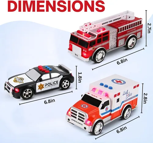 Vista 5 de Juego de vehículos de emergencia de juguete para niños con luces y sonidos (camión de bomberos, automóvil de policía y ambulancia) 3 en 1