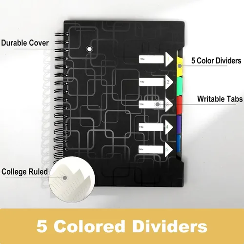 Vista 3 de CAGIE Cuaderno de 5 materias con rayas universitarias de 8.5 x 11 pulgadas, 240 páginas, cuaderno en espiral con pestañas divisorias, cuadernos A4