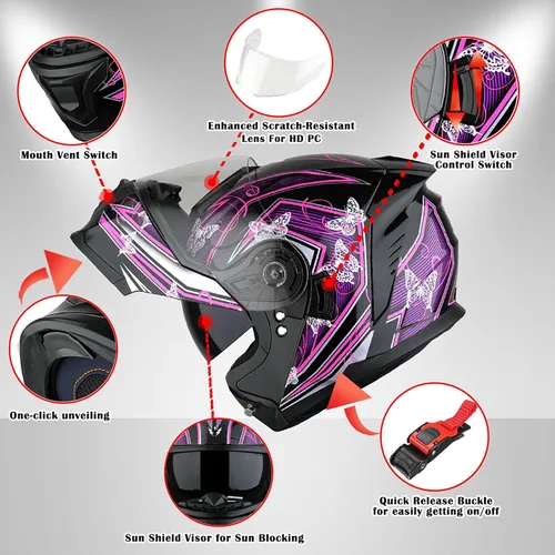 Vista 3 de 1Storm Casco modular de motocicleta para calle con doble visera abatible, protección solar de cara completa HJK920 Rosa (Butterfly Pink)