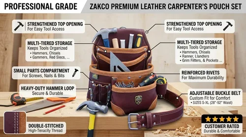 Vista 6 de PRO-15 - Cinturón de cuero y uñas de carpintero de 8 bolsillos con bolsa de herramientas de cuero genuino (MAROON)