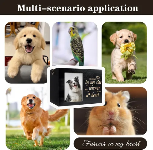Vista 7 de Urnas para mascotas para perros o gatos cenizas con marco de fotos, caja de memoria de madera para recuerdos con franela negra como forro, regalos