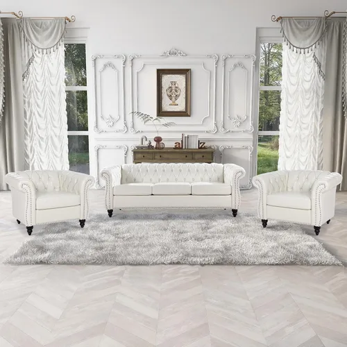 Vista 17 de Muebles de sofá Chesterfield de tela de 85 pulgadas, sofá tapizado con respaldo copetudo, brazo enrollable, sofá Chesterfield clásico para sala