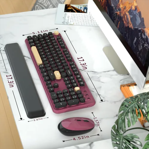 Vista 6 de Combo de teclado y mouse inalámbricos retro con reposamuñecas (rojo claret)