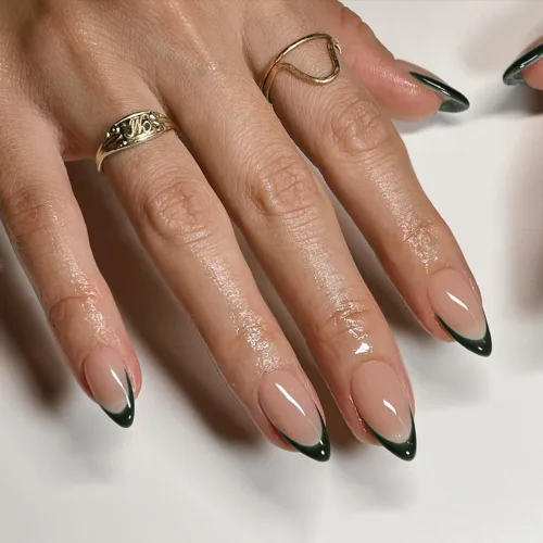 Vista 26 de Uñas postizas a presión con punta francesa negra, uñas cortas de almendra, uñas con pegamento para mujer, uñas acrílicas francesas de gel, uñas