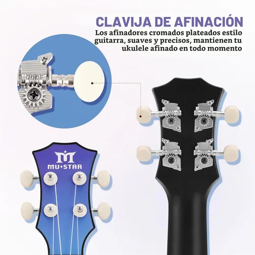 Vista 5 de Ukelele Soprano MUSTAR, Ukelele de Tilo de 21 Pulgadas para Principiantes, Kit de Ukeleles con Bolsa de Concierto, Correa, Púas, Paño, Adhesivo Azul