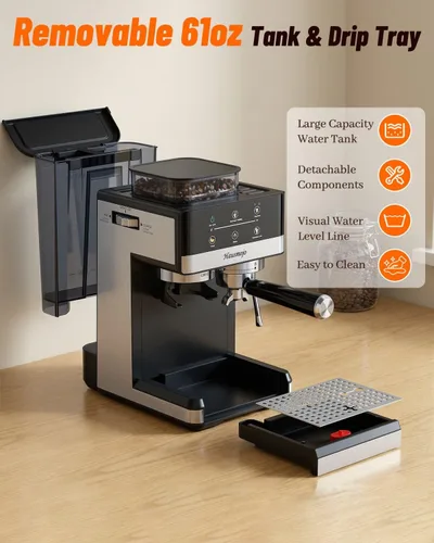 Vista 9 de Máquina de café expreso con molinillo y espumador de leche, 20 bar Features 20 grind settings, 61oz removable tank, 20-bar pump & steam frother