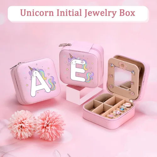 Vista 2 de Joyero de viaje con inicial de unicornio Mini joyero portátil organizador de joyas Regalos personalizados para niñas (letra A)