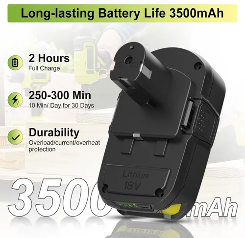 Vista 6 de Powilling Paquete de 2 baterías de repuesto de 18 V para Ryobi 18 V batería de litio 3.5Ah P102 P103 P105 P107 P108 P109 con cargador de batería