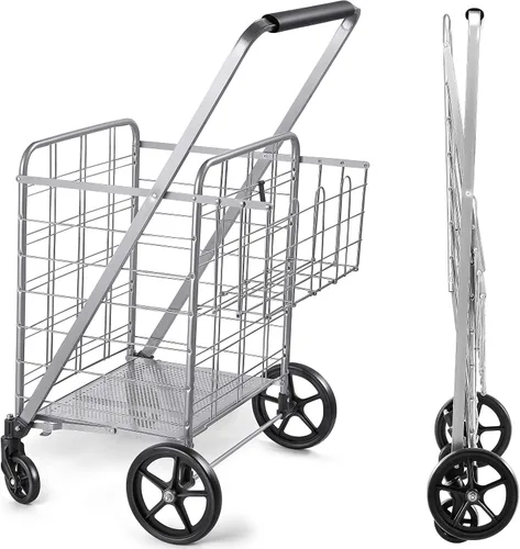 Vista 8 de Wellmax Carrito de comestibles plegable con ruedas, carrito utilitario de metal resistente con parte inferior de malla, cesta trasera adicional