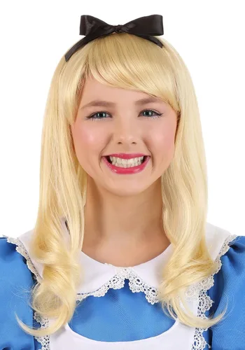 Vista 2 de Fun Costumes Alicia en el país de las maravillas peluca para niñas Pelucas rubias largas y rectas para niños Estándar, Rubio