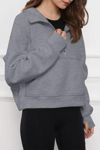 Vista 3 de Trendy Queen Sudadera corta con media cremallera para mujer, sudadera de forro polar con cremallera de un cuarto, ropa de invierno, suéter