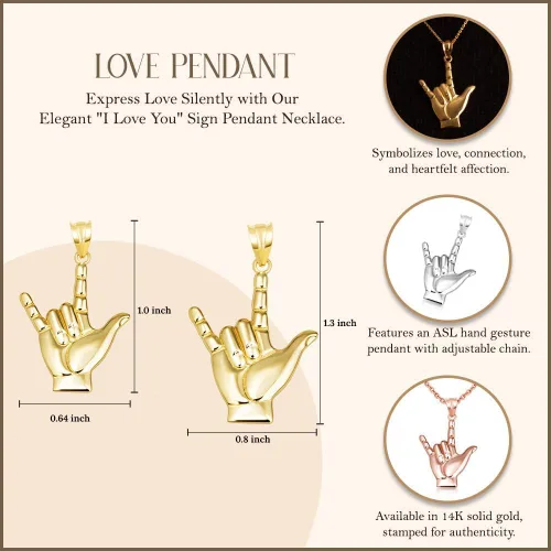 Vista 3 de Gold I Love You American Sign Language ASL Hand Sign Necklace (S/L) 10K or 14K Yellow, Rose, or White Gold Choice of Pendant Only or Chain