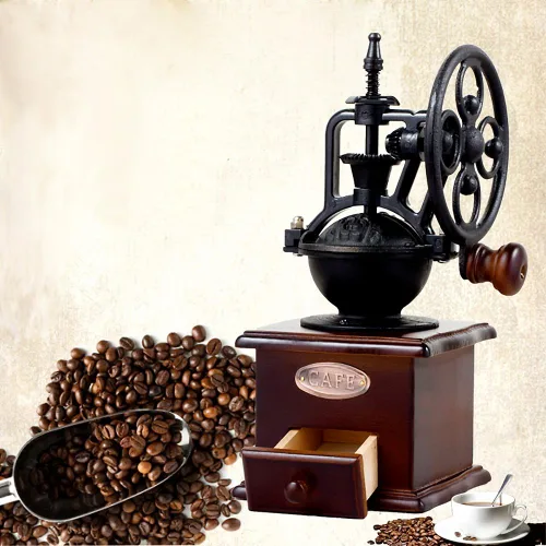 Vista 6 de Molinillo manual de grano de café de estilo vintage, manivela de mano de hierro fundido, núcleo de cerámica, molinillo ajustable, para hacer café
