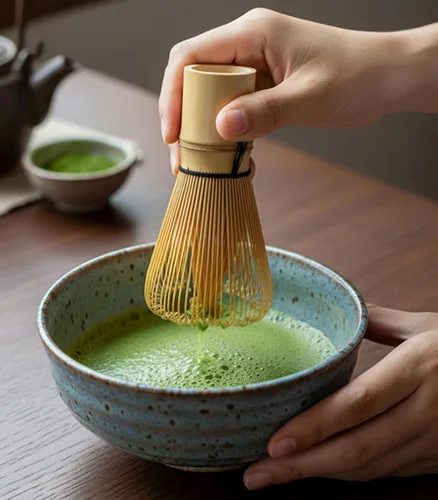 Vista 2 de Matcha Whisk - Juego de 2 piezas de persecución de bambú hecho a mano, agitador japonés tradicional de 100 puntas para una auténtica preparación