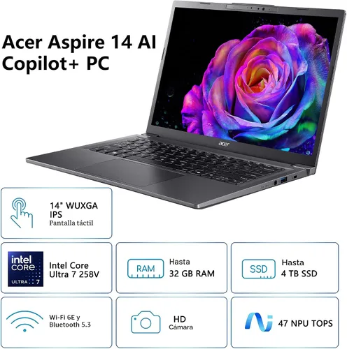 Vista 2 de Acer Aspire Laptop 2026, pantalla táctil, Intel Ultra 7 258V, 32 GB de RAM+