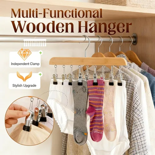 Vista 3 de Organizador de armario con 10 clips, organizador colgante de armario ajustable de madera para armario, colgador de pantalones de acero inoxidable