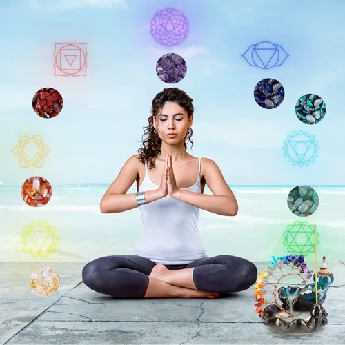 Vista 2 de Quemador de Incienso de Reflujo de Cerámica Cascada de Incienso 7 Chakras Árbol de Cristal Soporte de Incienso Namaste Yoga Meditación y Decoración