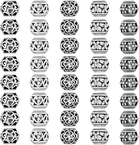 Vista 9 de 40 piezas de cuentas espaciadoras de tubo metálico para fabricación de joyería, cuentas de paracord de agujero grande plateadas, cuentas