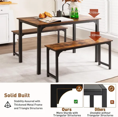 Vista 6 de NAFORT Juego de mesa de comedor para 4, mesa de cocina de 3 piezas con 2 bancos, mesa de comedor de 43.5 pulgadas que ahorra espacio con marco