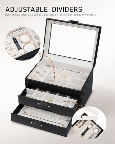 Vista 6 de Joyeros con tapa de cristal, cajas de joyería para mujeres, organizador de joyas de 3 niveles con 2 cajones, estuche de exhibición de joyas, regalo
