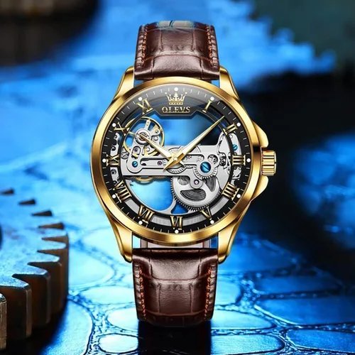 Vista 9 de OLEVS Relojes de esqueleto para hombre, automático, mecánico, de lujo, de cuero, impermeable, luminoso, reloj de pulsera para hombre