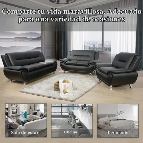 Vista 6 de Juego de sofá de piel sintética para sala de estar, muebles de sala de estar, juego de sofá moderno con sofá de 3 plazas, sofá biplaza y sillón
