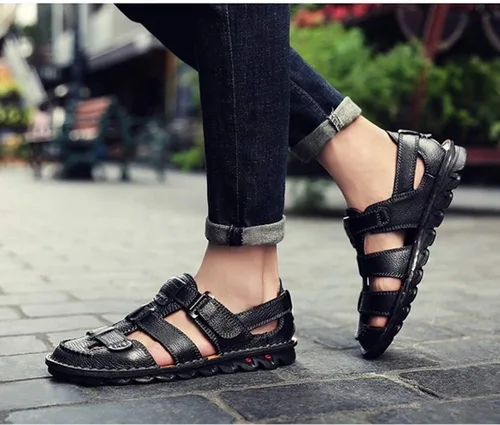 Vista 7 de ZHNSHM Sandalias de cuero con punta cerrada para hombre, estilo casual, de verano, para pescador, zapatos de playa ajustables, Negro